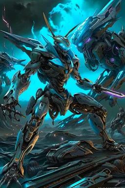 cyberpunk warrior robot with a big, complicated and detailed mechanical sword fighting in a battlefield with cyberpunk ships and planes in the background. Masterpiece, hyper detailed, details, battlefield, dramatic, dramatic lighting