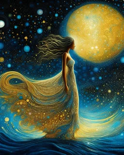 No corners drawing lines dots Kandinsky A full-body pretty African Asian moon goddess draped in flowing celestial fabric walks on water beneath a glowing full moon. Her gown unfurls like clouds, catching starlight and golden dust in the night air. The scene is surreal and divine, with painterly textures and a balance of shadow and illumination vertical Award winning imagery trompe l'oeil 3D surrealism masterpiece of Odilon Redon's dreamlike surrealism. kintsugi painting of abstract squares creat