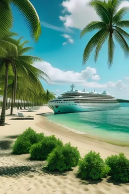 beach with coconut trees, facing the water with a huge cruise ship in the distance