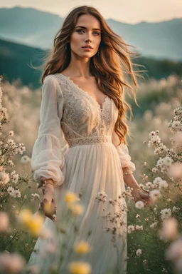 a stunning woman with long hair standing in the middle of a field filled with blossoming flowers. She appears to be enjoying the serene environment and her surroundings, cinematic