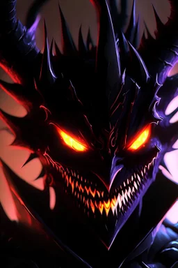 a close up of a demonic creature with glowing eyes, face of an armored villian, discord pfp, venomfang, discord profile picture, evil smile, detailed smiled face, large black smile, smooth anime cg art, wide evil grin, evil smile and glowing eyes, dark phantasy, evil knight, overlord season 4, sharp black armor, carnage fangs