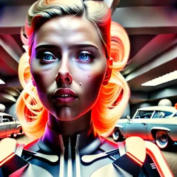 Ultra Realistic retro sci-fi afire Supermarket parking scene, 1960 year, blonde woman, sweet scarlet Johansson face, perfect iris, glow eyes, face makeup, tight latex coat; many panic people looking, Retro sci-fi style, soft color, highly detailed, unreal engine 5, ray tracing, RTX, lumen lighting, ultra detail, volumetric lighting, 3d, finely drawn, high definition, high resolution.