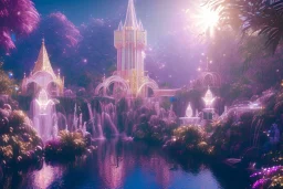  white and gold crystal palace，waterfall, pink Lights, full of details, smooth, bright sunshine，soft light atmosphere, light effect，vaporwave colorful, concept art, smooth, extremely sharp detail, finely tuned detail, ultra high definition, 8 k, unreal engine 5, ultra sharp focus