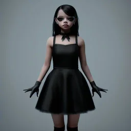 Jenna ortega black dress,soft goth libstick, wednesday addams make up, dramatic lighting, highly detailed, volumetric lighting, unreal engine, 8k