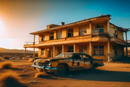 abandoned hotel, near road, desert places, warm colors, huge broken luminous on the roof -a huge damage abandoned car in front hotel