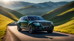 black Cross between black bentley bentayga and Range rover, on a road of green hills in morning, clear blue sky, shining sun rear view