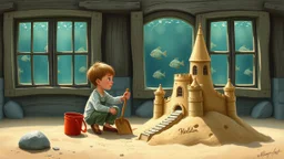 Little boy builds a sand castle with his sand shovel and bucket, there are windows, he sees fishes through the windows, by Daniel Merriam, Naoto Hattori, Peter Gric, Victo Ngai, crisp quality, high definition