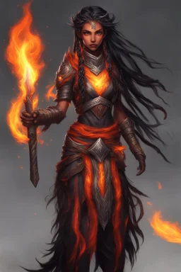 Paladin druid female made from fire . Hair is long and bright black some braids and it is on fire. Eyes are noticeably red color, fire reflects. Make fire with hands . Has a big scar over whole face. Skin color is dark