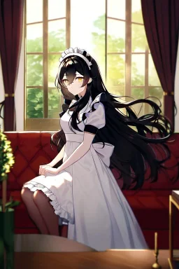 girl, masterpiece, best quality, cinematic lighting, detailed outfit, vibrant colors, perfect eyes, golden eyes, long hair, black hair, messy hair, hair between eyes, depth of field, ray tracing, maid, indoors, living room, couch, plants, table, window, wood floor,