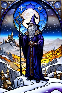 3D embossed textured ethereal image; bleak, dismal style, midnight hues, black, blue, purple, copper, yellow, gold, silver; celestial wizard with a detailed, wizened old face and an ornate staff stands on a snowy cliff gazing across a celestial valley at a faraway village; stained glass, agate with silver foil highlights, snowflakes, sparkles, full moon, nebula sky, stars, pearls, shooting stars, sequins, cut gemstones, beads, glitter, crystals, sharp lines, extreme attention to detail