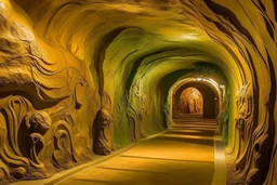 A golden tan underground tunnel with twists and turns designed in cave paintings painted by Salvador Dali