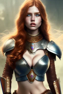 hyper realist, hyper detailed, stunningly beautiful teen woman, long ginger hair, medium freckles, skimpy fantasy intricate leather armour, full body and head, c-cup breasts, serious expression, centred camera, full frame, petite