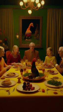 frame from a Wes Anderson film, full shot of the farm family at a sober celebration dinner in the Garden of Earthly Delights, small electric light bulbs on the table, birds on the table, grapes hanging, elegant and perfect composition