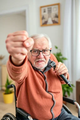 Portrait of poor angry caucasian very old senior man wearing eyeglasses and showing big fist standing at home indoor, Older Adults and Their Anger Issues, wheelchair, holding an microphone screaming