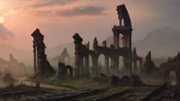 Destroyed City, medieval ruins, debris, stone, breched, brocken, Perspektiv from the sky, by Jean-Baptiste Monge, Ivan Bilibin, Albert Bierstadt, Reza Badrossama, watercolor ink, pencil sketch, splash art, intricate details, fantasy, beautiful, oil on canvas, award winning, imperial colours, fantastic view, radient colours, very attractive, crisp quality