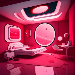 no windows Cartoon futuristic dark red, red, pink, and white space bedroom with a table in the corner with a hover chair and a bed against the wall, interior
