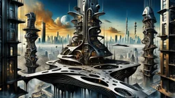 a stunningly weird image of a futuristic metropolis using Salvador Dali's paranoiac-critical method, where buildings and structures appear to melt into the skyline cityscape is filled with floating mad, twisted sharp metal shapes that interact with the buildings and each other, forming a surreal tableau of a dreamlike reality. neu-steampunk vibe, essence of the scene in a cinematic manner, with dramatic shadows that enhance the distorted perspectives and bizarre