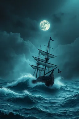 Bosch painting a pirates sailing big ship in a high waves in the middle of the ocean in dark storm and thunders in the cloudy sky with a dim full moon covered by clouds , cinematic scene, great photography, 8k , high quality