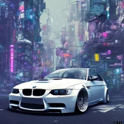 bmw m3 in a cyberpunk style city