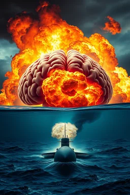 an explosions in side the human brain and huge fire behind a nuclear submarine under the water ocean water in all the picture and the on the background