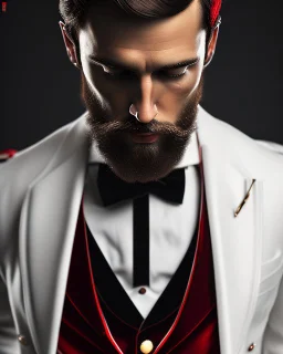 Create a compelling image featuring a man in a red suit with a dapper expression against a white background. Specify a hand-drawn style with bold strokes, emphasizing the meaning of the subject. Ensure the composition captures the essence of elegant expression, creating a visually striking and impactful scene through the use of hand-drawn strokes.