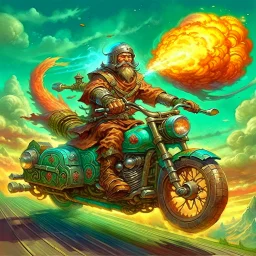 Kebab Man mounted his holy motorcycle, the engine roaring to life with divine power. With a final glance at the celestial realms, he sped down to Earth from heaven, ready to begin his quest.