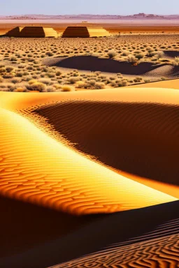 Close up Dry desert, dunes in background , vultures circling, heat, sun, drawing