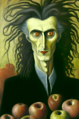 composition hair fully in focus full shot, Leonora Carrington fine detailed oil painting portrait of a man with apples