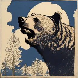 sideview of bear head, 70s comics style, block print with indigo ink on creamy paper texture, strong contrast