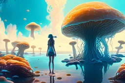 woman standing on the shores of an alien world, with mushrooms with jellyfish tentacles, floating in the air, photorealistic, Detailed Matte Painting, Deep Colour, Fantastical, Intricate Detail, sunshine