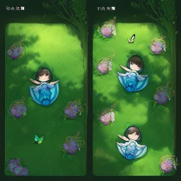 tiny anime girl sleeping in the distance, laying down in a field of flowers, underneath a willow tree, with a butterfly on her nose, hand detail looks human.zoom out. zoom out