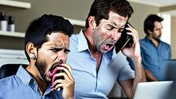 famale customer upset on phone about cellular service while adult son cryx