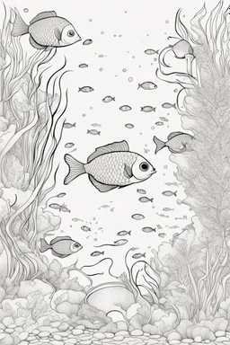 modern cartoon drawing style high contrast coloring page for stress relief, A whimsical underwater scene with colorful fish and gently swaying aquatic plants, thick outline, no details, no colors