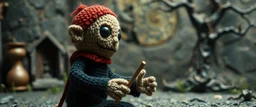 pin hole picture, miniatures on fake scene,master oil painting by Rembrandt, good afternoon disney bitch scary stone age vampire, close up on a stupid knitted doll trying to explain something weird, in the style of fallout 4