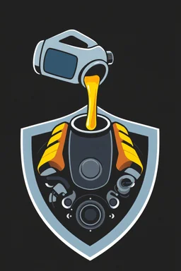 inside a shield shape, a car engine icon with an oil bottle above pouring oil into the engine, vector illustration