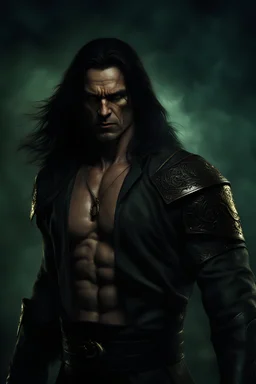 Portrait of a 35 year old Olive skinned muscular evil male with long dark hair , scowling, photorealistic, 4k, dark fantasy