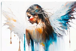 A detailed illustration of a beautiful young female human with growing out of her back. Her skin, hair and face are all made of paint. Her wings are spread. Highly detailed flawless facial features and eyes. Abstract Oil painting splash art. White background, wide angle, abstract design, beautiful, thick flowing paint strokes, dripping paint, fantasy art, modern art, ((soft happy complimentary colors,)) modern aesthetic, focused on the character, 4K resolution.