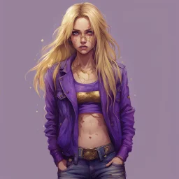 A girl with a purple gold hue around them with small bits of purple gold on their skin. They have long, dirty blonde hair and wear a tank-top with a jacket around their waist and jeans. They wear boots and have violate eyes.