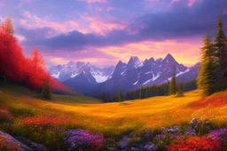 beautiful nature, mountains, fjord, flower meadow, forest, sunset, detail, realism