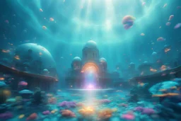cosmic town underwater turquoise color, dome of bright colors, , rays of ligth and a lot sparks of light, good definition 8k