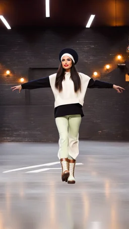 A full-body shot of azeri lady,long black boots ,tight blue pants ,a hat on head