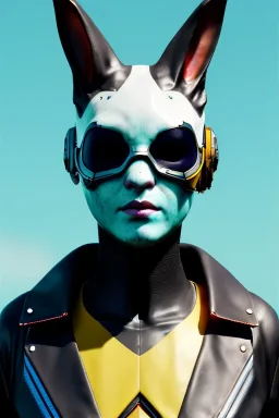 Medium Close Up Portrait, Front image. cyberpunk, rabbit mask, Chinese woman, white short hair. latex, glossy suit. Yellow, black, red, color. Mad max style. Color background, photo studio. Avatar image, highly detailed, concept art, smooth, unreal engine 5, god rays, ray tracing, RTX, lumen lighting, ultra detail, volumetric lighting, 3d, finely drawn, high definition, high resolution.