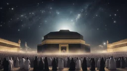 Hyper Realistic lots of people worshiping in-front-of-Kaaba at beautiful-night-with-stars-on-sky with dramatic-&-cinematic-ambiance