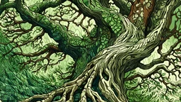 Bold, ink-based illustrations, strong lines and high contrast, close-up of dry stitches in the seams of a large, ancient oak tree, featuring detailed textures of the bark and stitching; limbs intertwining with small, vibrant green leaves; a quiet forest background with soft sunlight filtering through the canopy above.