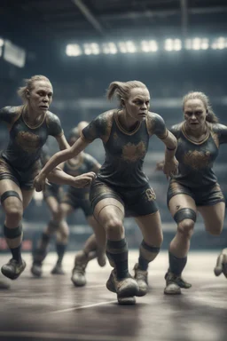 hyper violent ogre women soccer handball team in the Olympics in the style of Giger and fallout 4 ,,bokeh like f/0.8, tilt-shift lens 8k, high detail, smooth render, down-light, unreal engine