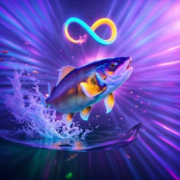 infinity symbol ∞ with vibrant powerful fish jumping out of the water, striking, neon, chiaroscuro, dramatic, captivating, powerful, fantasy, beautiful, octane render, 16k post-production, artstation: award-winning: atmospheric: commanding: fantastical: clarity: ultra quality: striking: brilliance: stunning colors: amazing depth; lens: f/11, 35mm