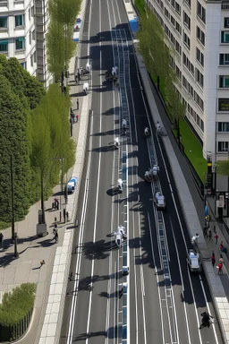 birds eye view of a street with one way traffic, a cycle lane and a path