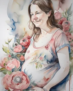 portrait, watercolor, fine drawing, Pregnancy, flowers,