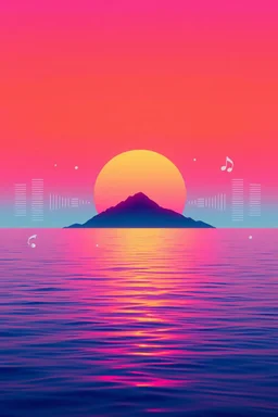 A professional music cover art for a Tropical House track, ultra-modern and visually striking. A dreamy tropical sunset scene with a neon gradient sky blending cyan, magenta, and warm golden tones. A minimalist island silhouette in the distance surrounded by calm reflective ocean water. Subtle geometric soundwave patterns subtly integrated into the sky and water surface, representing rhythm and music. Floating abstract shapes inspired by synth waveforms and audio modulation, softly glowing. A st