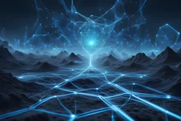 Futuristic landscape with glowing blue neural pathways intertwining with geometric shapes, symbolizing the synthesis of ambient intelligence and generative AI